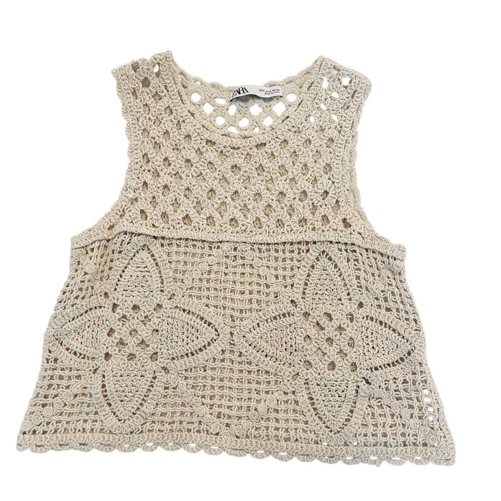 Zara Cream Crochet Open Knit Cropped‎ Tank Top Beachy Boho Fairy Indie SMALL